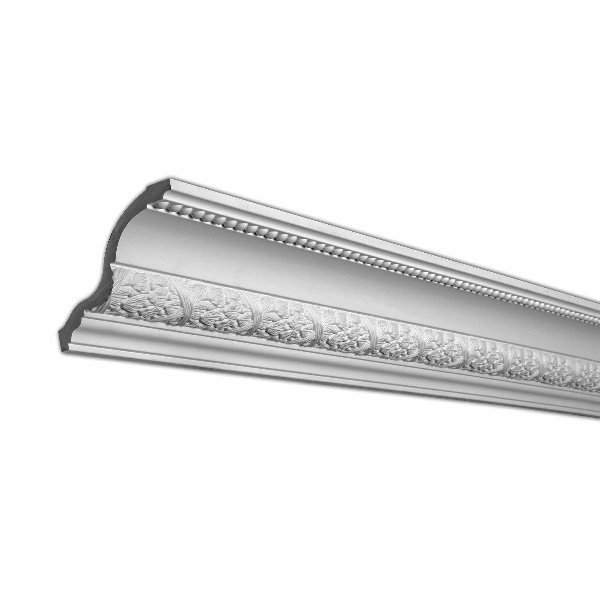 Primed White Polyurethane Crown Moulding with Laurel Leaves and Ribbon Design