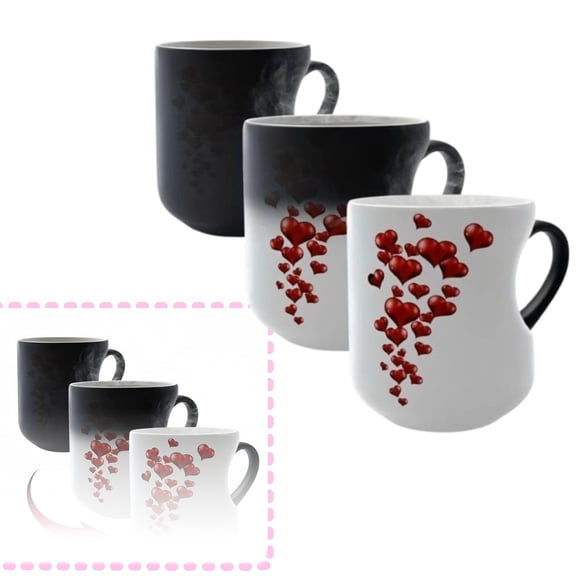 3.7 Inch Color Changing Love Mug, Heat Sensitive Ceramic Tea Cup with Red Hearts, Perfect Valentine’s Day Gift for Couples, Him & Her, Home & Office Use Hot Pink
