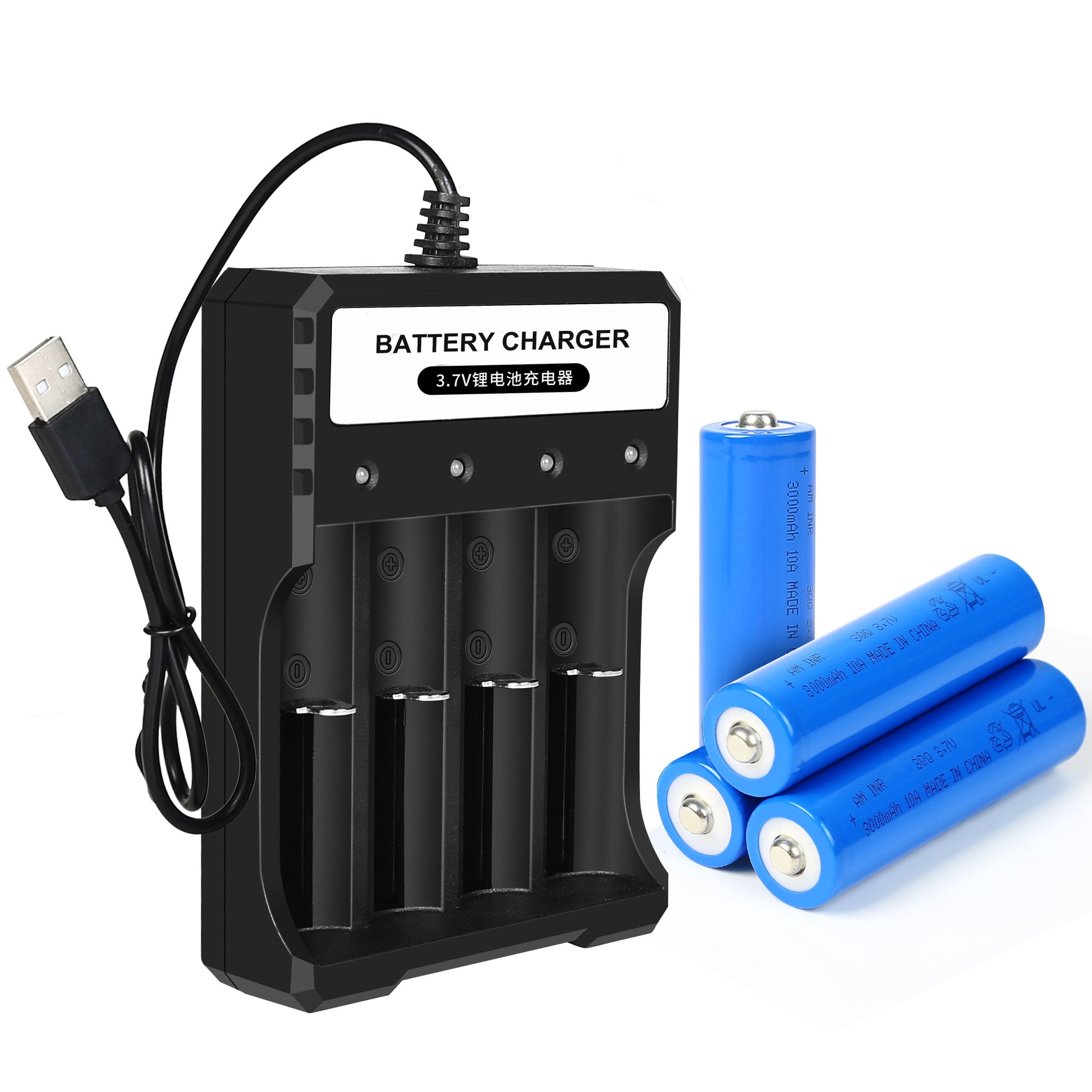 3.7 Volt Rechargeable Battery 3000mAh Battery Charger Combo 2 Pack Large Capacity Batteries for Headlamp, LED Flashlight, etc