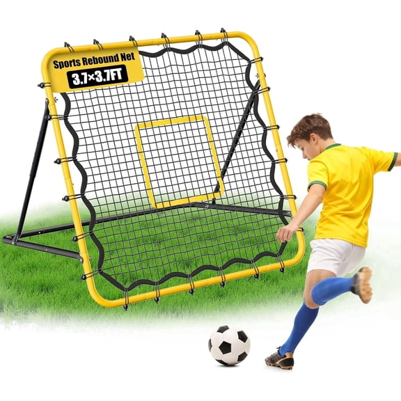 3.7 x 3.7 FT Rebound Net, with Pitching Target for Soccer, Baseball and Volleyball, Adjustable Pitching Rebound Net, Yellow