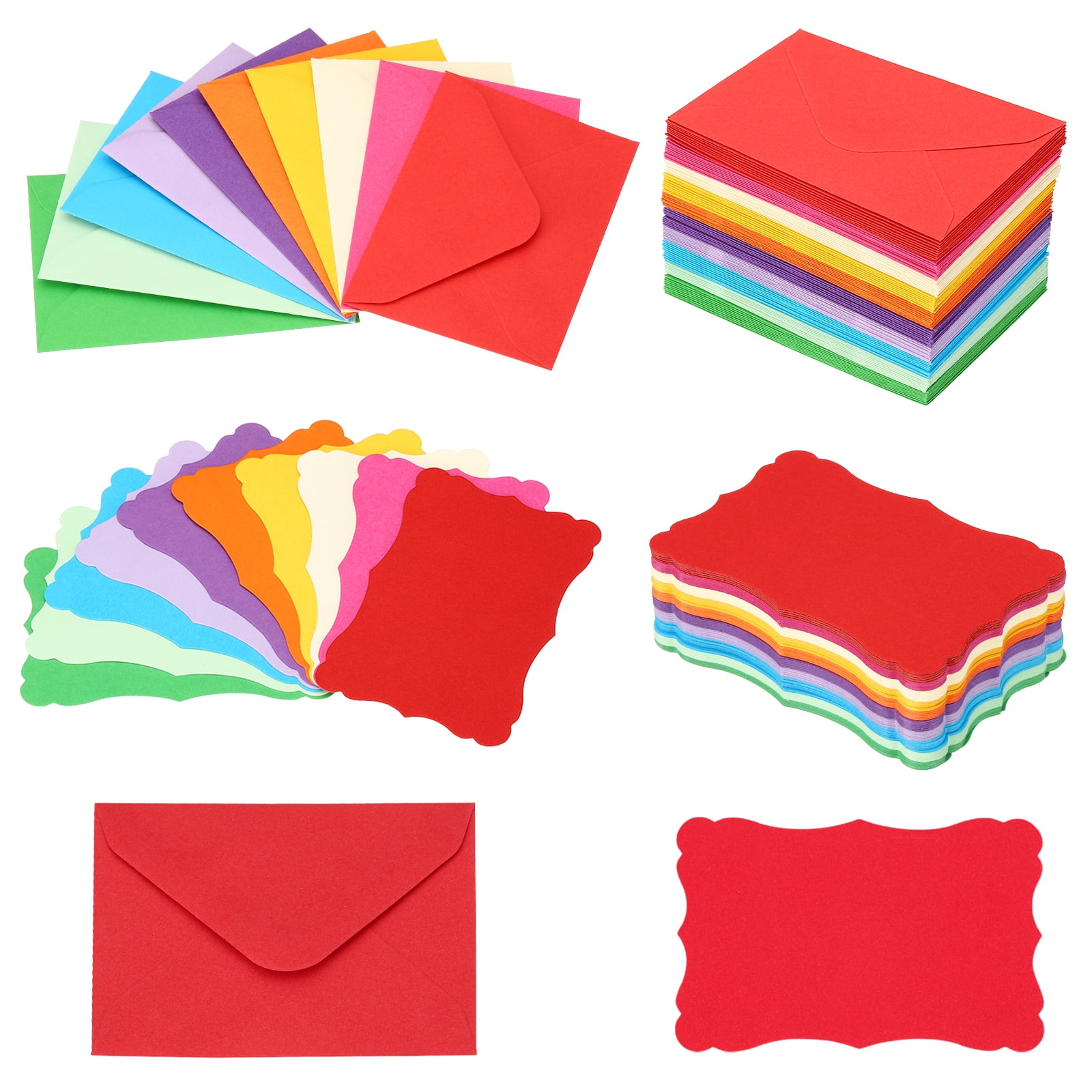 3.7"x2.4" Mini Envelopes with Blank Paper Business Cards, 200 Pack Small Index Flash Cards Words, Colorful
