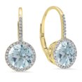 thumbnail image 1 of 3.70 Carat (ctw) 18K Yellow Gold Round Cut Aquamarine & White Diamond Ladies Halo Style Dangling Drop Earrings, 1 of 1