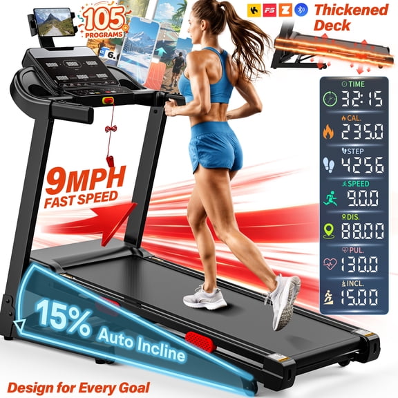 3.71HP Treadmills for Home w/ 15-Levels Incline, 5 in 1 Portable Treadmill with 330LBS Capacity, Foldable Elactric Treadmill with 6 Screen, 105 Preset Programs, Free Course with APP Connection