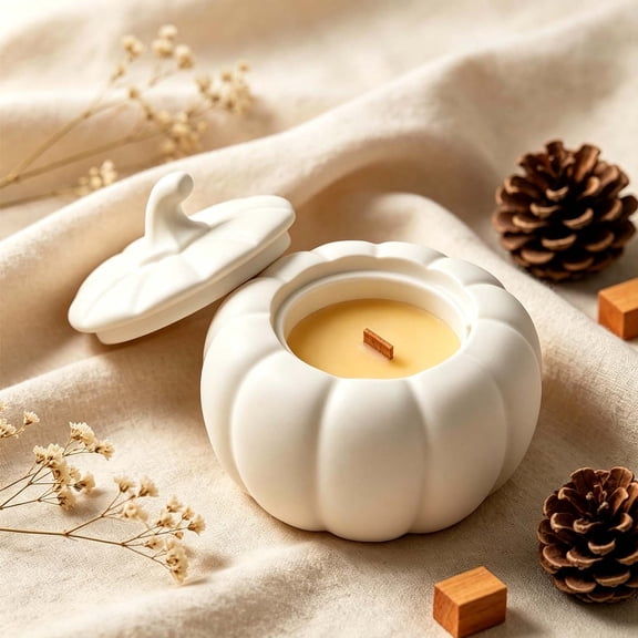 3.74 Inch Matte White Pumpkin Plaster Jar Scented Candle, Wood Wick Fall Aromatherapy Candle for Home Table Decor Thanksgiving Halloween Gift