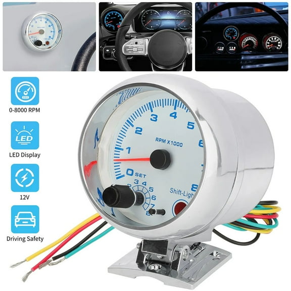 3.75" 12V Car Tachouseter Gauge 0-8000 RPM with Blue LED Shift Light, White Face Chrome Bracket for Vehicle Dashboard