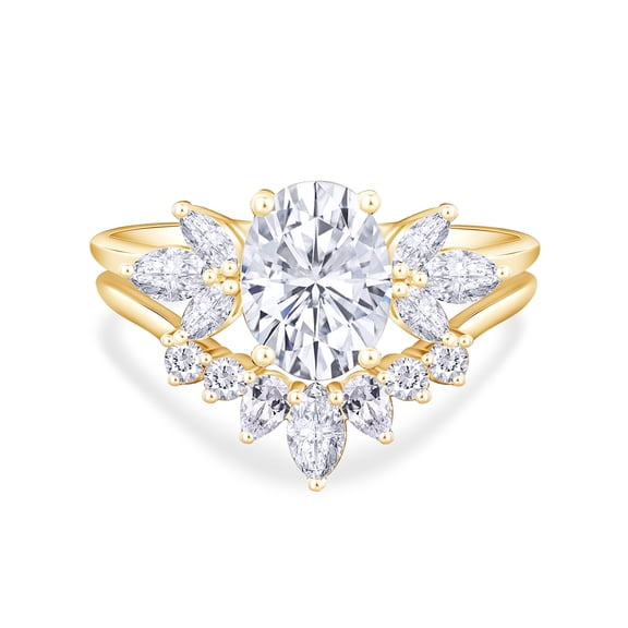 AFFY 3.33 CT Center 10X8MM Oval, Marquise & Round Cut Moissanite Diamond Marquise Cluster Wedding Bridal Ring Set In 10K Solid Yellow Gold-5.5