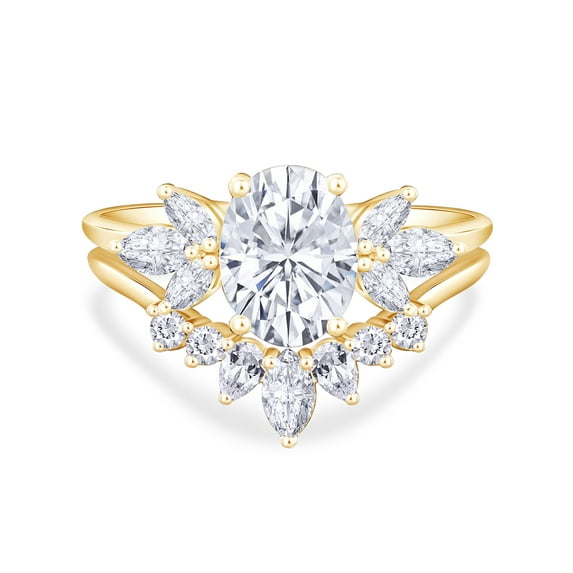 AFFY 3.33 CT Center 10X8MM Oval, Marquise & Round Cut Moissanite Diamond Marquise Cluster Wedding Bridal Ring Set In 10K Solid Yellow Gold-8.5