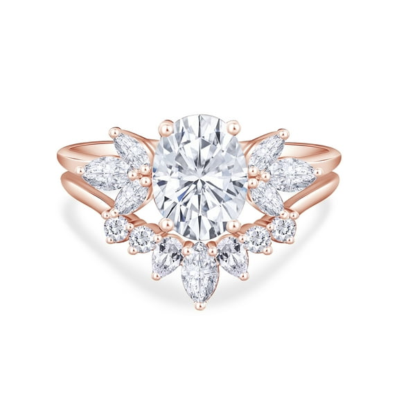 AFFY 3.33 CT Center 10X8MM Oval, Marquise & Round Cut Moissanite Diamond Marquise Cluster Wedding Bridal Ring Set In 14K Solid Rose Gold-4