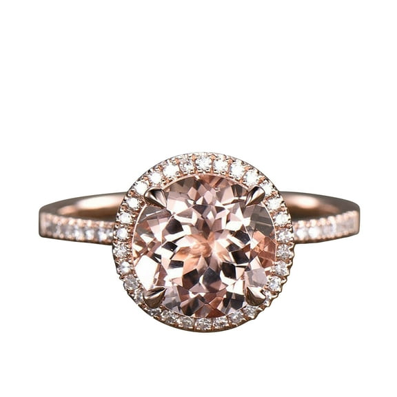 3.75 Carat 10mm Round Cut Morganite Engagement Ring 10k Rose Gold Halo Diamond Moissanite Ring