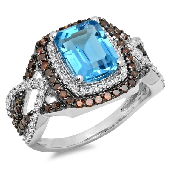 3.75 Carat (ctw) 10K White Gold Emerald Blue Topaz & Round Champagne & White Diamond Ladies Split Shank Halo Engagement