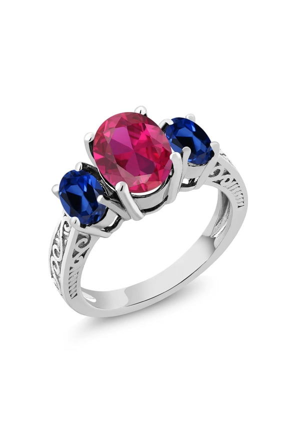 925 Sterling Silver Red Created Ruby and Blue Created Sapphire 3-Stone Ring for Women (3.36 Cttw, Available in Size 5, 6, 7, 8, 9)