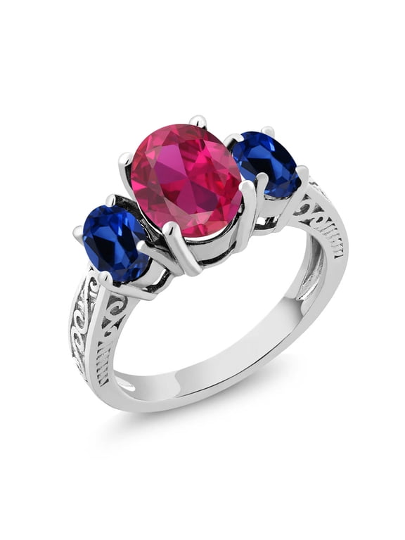 925 Sterling Silver Red Created Ruby and Blue Created Sapphire 3-Stone Ring for Women (3.36 Cttw, Available in Size 5, 6, 7, 8, 9)