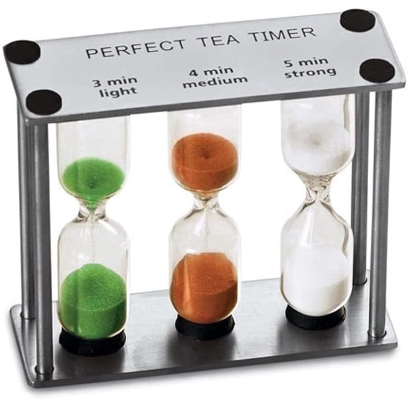 3.75" Tall 3-in-1 Perfect Tea Timer, Includes 3, 4, and 5 Minute Sand Hourglass Timers, Use for Making Tea or Keeping Time Around The Kitchen, Brushed Stainless Steel Frame