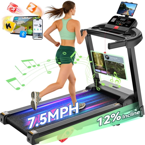 3.75HP Foldable Treadmill w/ Incline 7.5MPH Max Speed,320lbs Capacity Portable Treadmill for Home Walking Jogging,71 Programs,Smart APP Control,Shock-Absorbent Wider Belt,Exercise Treadmill