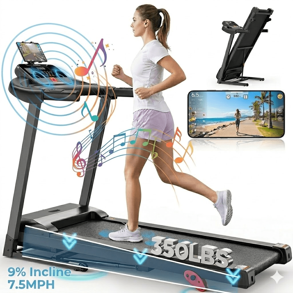 3.75HP Folding Treadmill for Home with 9% Incline, 7.5 MPH Max Speed, 350 lbs Capacity, Bluetooth Speaker & APP Control, Shock Absorption Running Belt