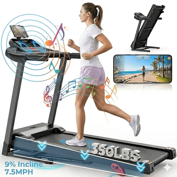 3.75HP Folding Treadmill for Home with 9% Incline, 7.5 MPH Max Speed, 350 lbs Capacity, Bluetooth Speaker & APP Control, Shock Absorption Running Belt