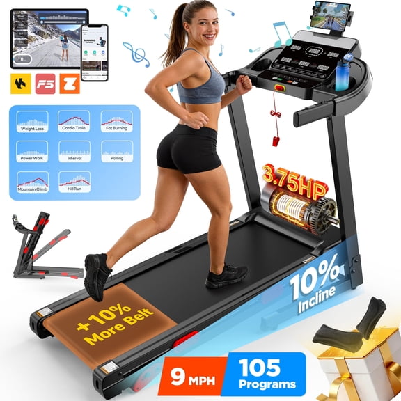 3.75HP Folding Treadmill for home W/Speaker, Dual Control Modes: Console & App Control, large Display Screen,105 Programs, 9MPH, 300LBS, Walking Running Exercise treadmill