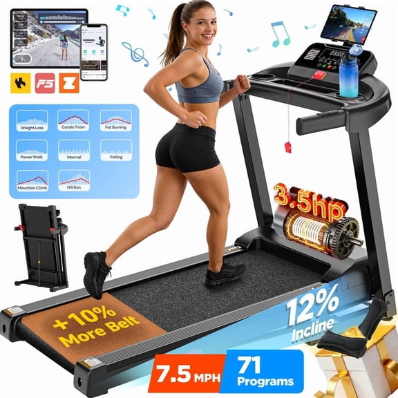 3.5HP Folding Treadmill for home W/Speaker,Treadmill 300 LB Capacity, Dual Control Modes: Console & App Control, large Display Screen,71Programs, 7.5MPH, Walking Running Exercise treadmill