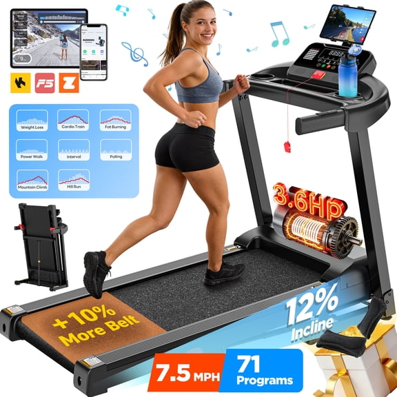 3.6HP Folding Treadmill for home W/Speaker,Treadmill 300 LB Capacity, Dual Control Modes: Console & App Control, large Display Screen,71Programs, 7.5MPH, Walking Running Exercise treadmill