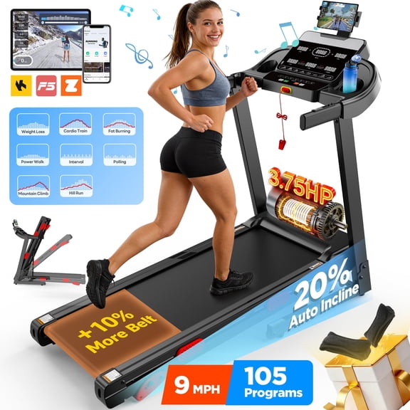 3.75HP Folding Treadmill for home W/Speaker, Dual Control Modes: Console & App Control, large Display Screen,105 Programs, 9MPH, 300LBS, Walking Running Exercise treadmill