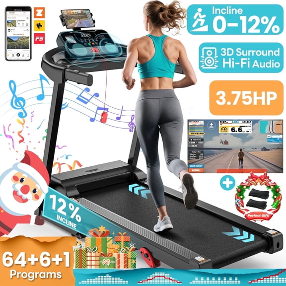 3.75HP Treadmill 300lb Capacity, Incline Folding Treadmill, 64+7 Smart Program, 7.5MPH Speed, Smart APP Control, Treadmill for Home Jogging Walking w/ HiFi Speakers, Free Knee Pads