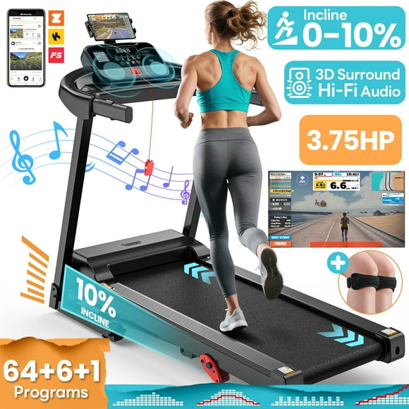 3.75HP Treadmill 300lb Capacity, Incline Folding Treadmill, 64+7 Smart Program, 7.5MPH Speed, Smart APP Control, Treadmill for Home Jogging Walking w/ HiFi Speakers, Free Knee Pads