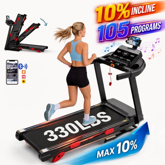 3.75HP Treadmill with Incline10%, 5-Layer Belt 330LBS Capacity Tredmill Foldable Handle Running Treadmills for Home, 0.6-9MPH, Folding Treadmill LED with APP exercise treadmill for small space