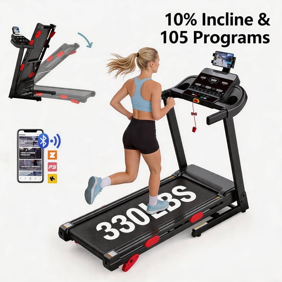 3.75HP Treadmill with Incline10%, 5-Layer Belt 330LBS Capacity Tredmill Foldable Handle Running Treadmills for Home, 0.6-9MPH, Folding Treadmill LED with APP exercise treadmill for small space