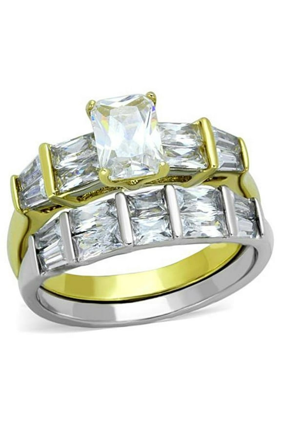 3.76 Ct Emerald Cut Cz Two Toned IP Wedding Engagement Ring Set Women's Size 6