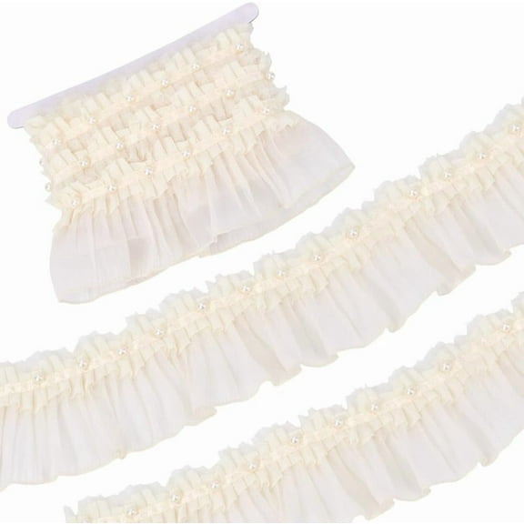 3.78 Inch Wide White Ruffled Pleated Lace Trim Beige Ribbon with Pearls Ruffle Gathered Edge Pearl Chiffon Fabric Applique Trimming for Sewing Making Crafts Clothes Dress Wedding Bridal DIY Colorful