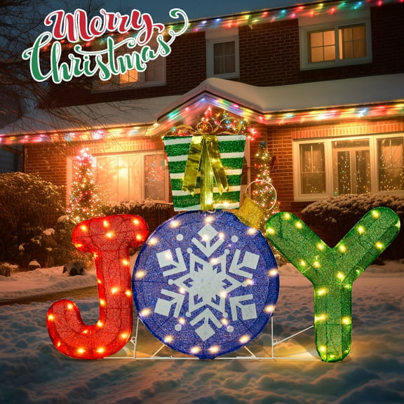 3.7FT Lighted "JOY" Christmas Decoration,Snowflake & Gift Accents Tinsel Outdoor Lighted Holiday Display,Pre Lit LED Light,Outdoor Holiday Lawn Yard Decoration