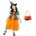 thumbnail image 1 of 3-7T Girls Pumpkin Witch Dress Halloween Costume Set with Hat Fancy-Dress, 1 of 7