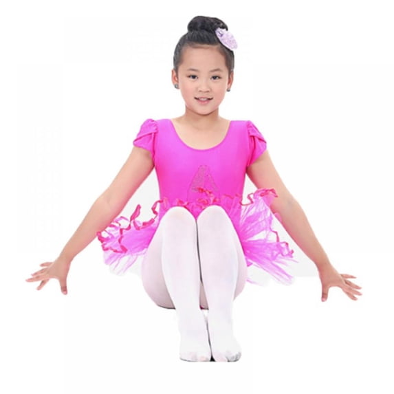 3-7T Kids Gymnastics Leotards Ballet Shoe Pattern Girls Short Sleeveless Dancewear Tulle Dress