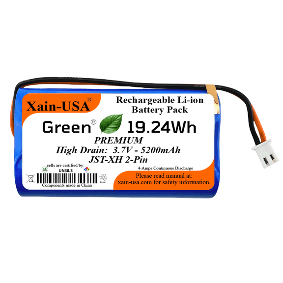 Premium 3.7V 5200mAh / High Drain / 1000+ cycles / Li-ion Battery Pack / with JST-XH 2-pin Plug / Supports 4A Continuous Discharge / Ideal for Bluetooth speakers, toys, lighting, and electronics.
