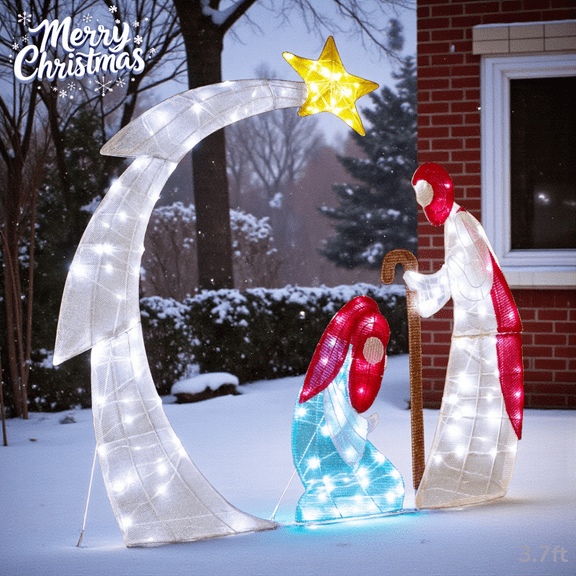 3.7ft Lighted 2D Outdoor Nativity Scene w/ Moon, Christmas Holy Yard Decoration w/ 170 LED Lights, Stakes, for Yard, Lawn, Patip