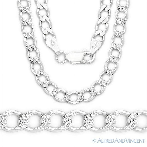 3.7mm Cuban / Curb D-Cut Pave Link Italian Chain Necklace in .925 Sterling Silver