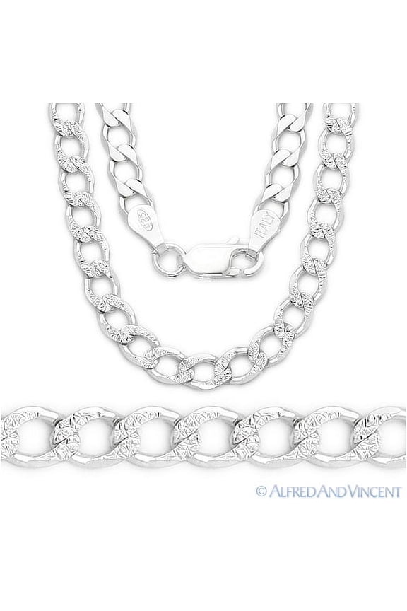 3.7mm Cuban / Curb D-Cut Pave Link Italian Chain Necklace in .925 Sterling Silver