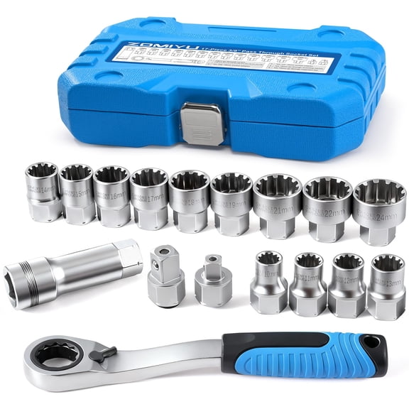 3/8” & 1/2” Drive Pass Through Socket Set, 17-Piece Metric Go-Thru Ratchet Kit, Low Profile for Long Bolts & Tight Spaces, Includes Extension Bar & Adapters, Cr-V Steel
