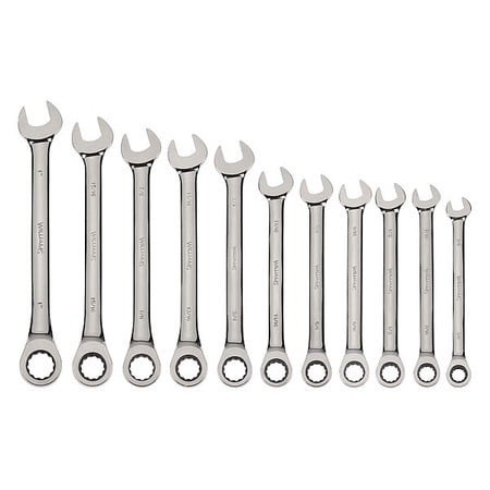3/8" to 1" Standard Ratcheting Combination Wrench Set, 11pcs - 12 Point Ratcheting Box End & Standard Open End With High Polish Chrome Finish. Williams # JHWS-1121NRC