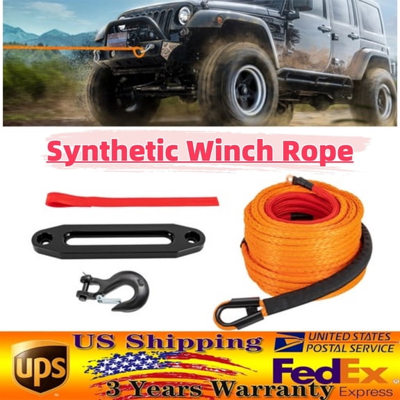 3/8" 100 FT Synthetic Winch Rope Winch Line Cable Rope with Winch Hook Fairleads