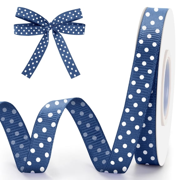3/8" - 100 Yards long - Printed White Dot Pattern - for Bows, Decorations, Hair Clips, and Moredark blue