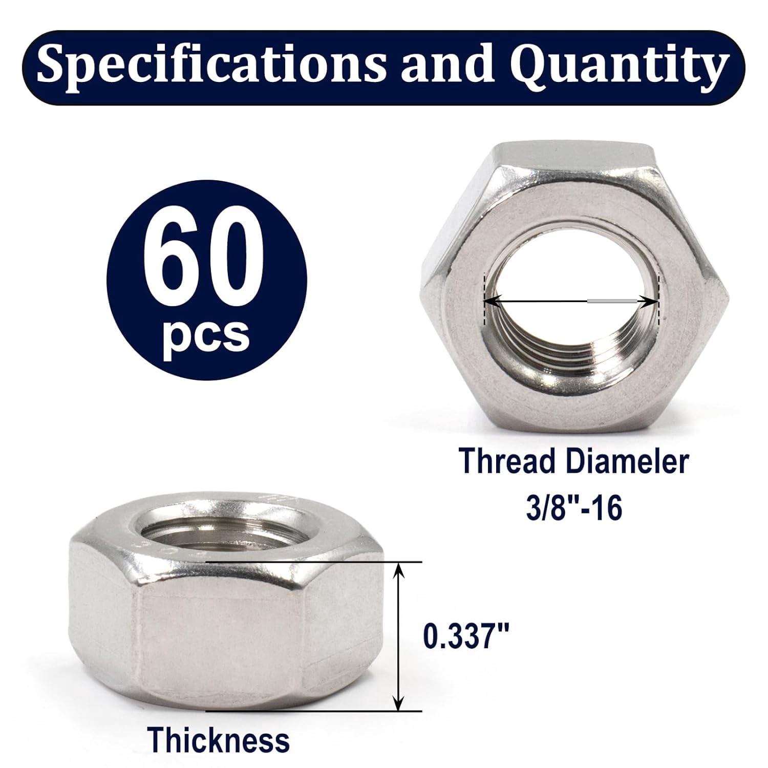 50 Pcs 3/8-16 Finished Hex Nuts, Stainless Steel 18-8 Plain Finish - By Fastenere, High Corrosion Resistance For Industrial, Automotive, DIY Projects