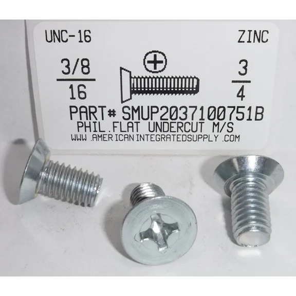 3/8-16X3/4 Undercut Flat Head Phillips Machine Screws Steel Zinc Plated (10)