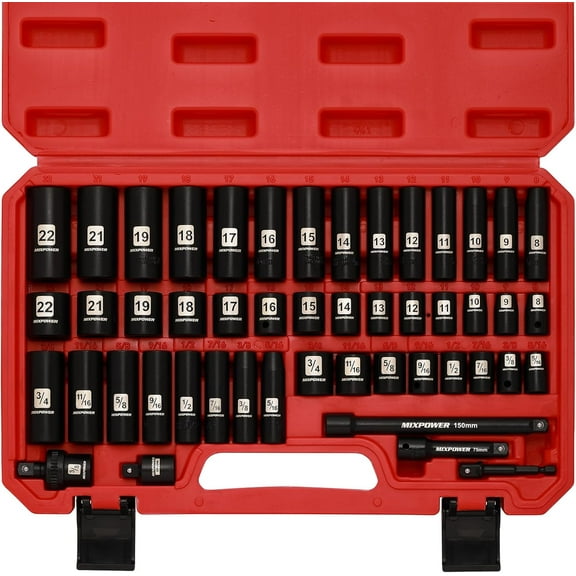 3/8" Drive Deep Impact Socket Set, 6 Point, 49 Piece Standard SAE and Metric Sizes-5/16-Inch to 3/4-Inch and 8-22 mm, 3/8'' impact universal joint, Cr-V Steel Mechanic Socket Set