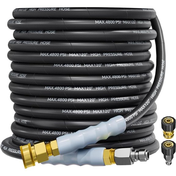 3/8" 4800PSI Pressure Washer Hose 50FT with Swivel Quick Connect for Cold/Hot Water Max 248F, Kink Resistant Steel Wire Braided, Wear Resistant Power Washer Hose with M22 14mm Adapter