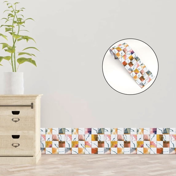3.8*94.5 inches Peel and Stick Wallpaper Border, Vintage Geometric Encaustic Tile Baseboard Sticker, Self Adhesive Watherproof Wall Border for Kitchen Bathroom Decor