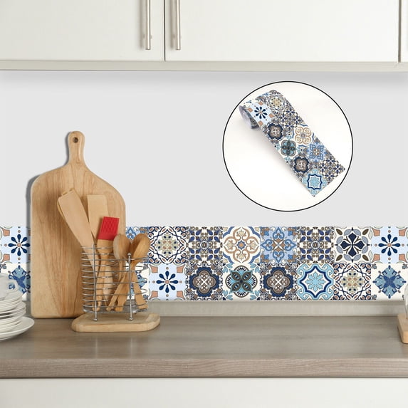 3.8*94.5 inches Peel and Stick Wallpaper Border, Vintage Geometric Encaustic Tile Baseboard Sticker, Self Adhesive Watherproof Wall Border for Kitchen Bathroom Decor