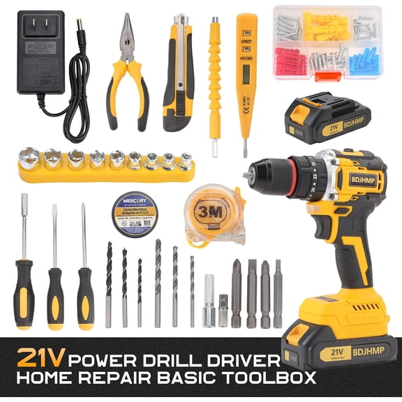 3/8 Brushless Compact Drill Tool Set, 85N.m 21V Cordless Drill Box with 2 Batteries, 782 In-lb Hand Tool Kits for Home Repair