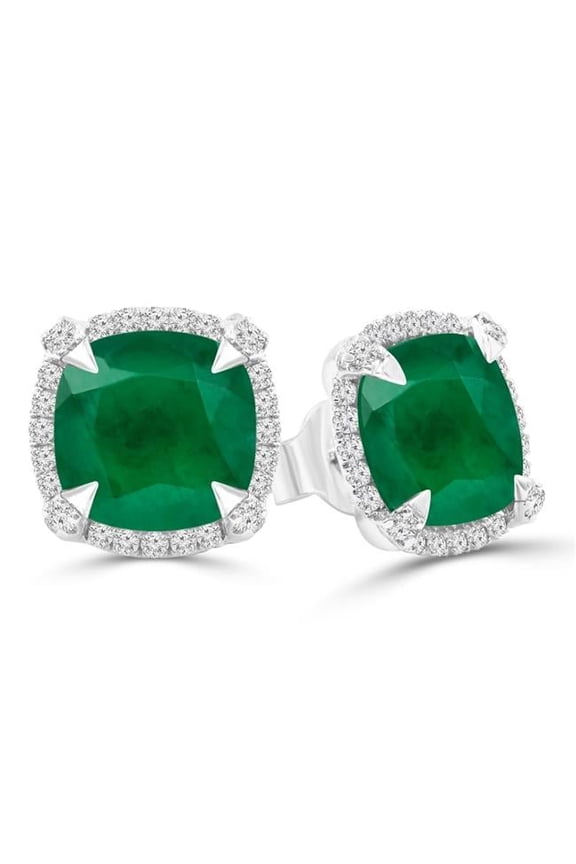 3.8 CTW Cushion Green Emerald Cushion Halo Claw Prong Stud Earrings in 14K White Gold