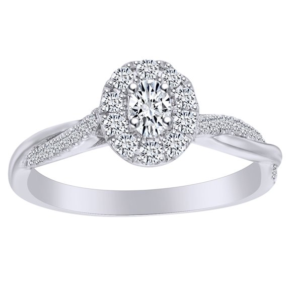AFFY 3/8 Carat Oval & Round Shape White Natural Diamond Twisted Engagement Ring In 10k Solid White Gold (0.37 Cttw) Ring Size-10